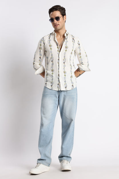 Cream Floral Stripe Printed Shirt