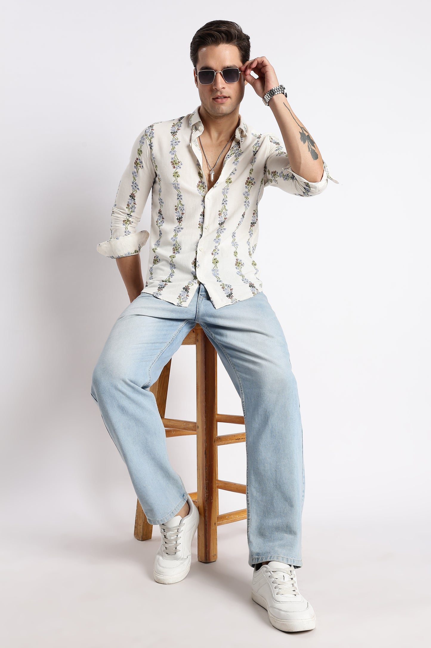 Cream Floral Stripe Printed Shirt