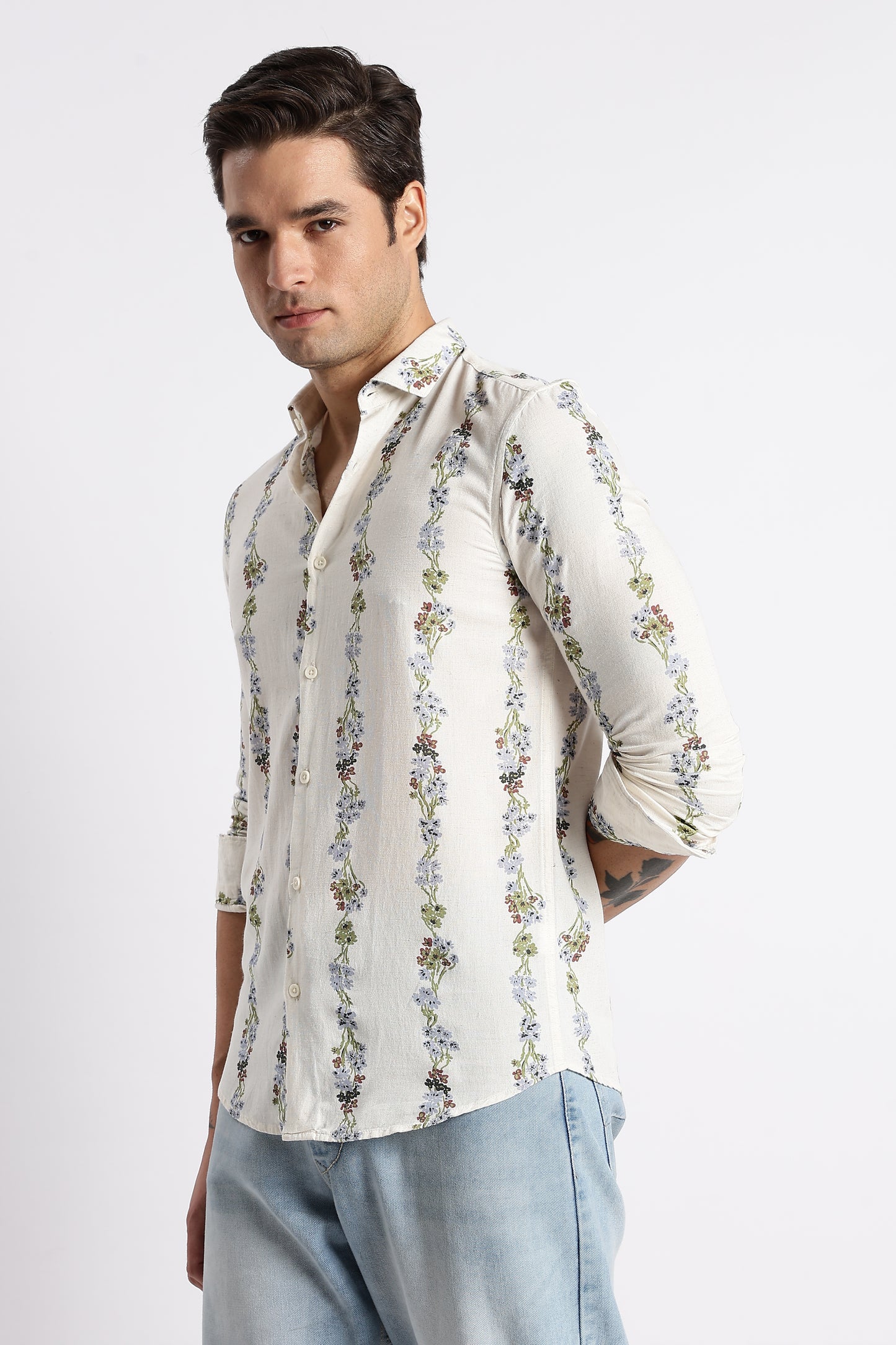 Cream Floral Stripe Printed Shirt
