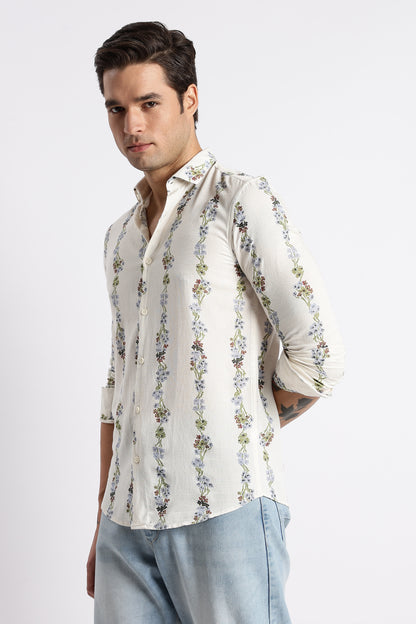 Cream Floral Stripe Printed Shirt