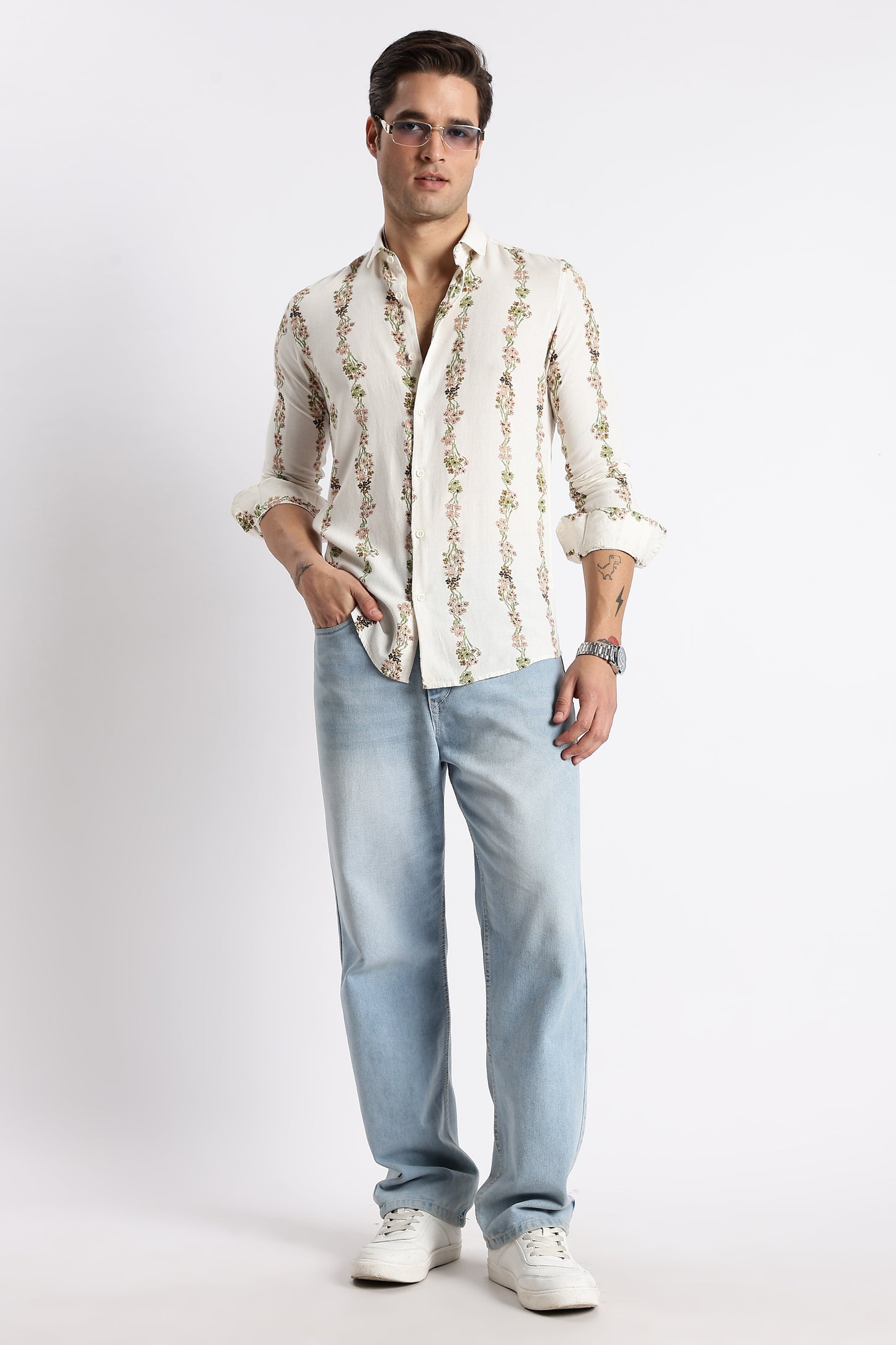 Cream Floral Stripe Printed Shirt