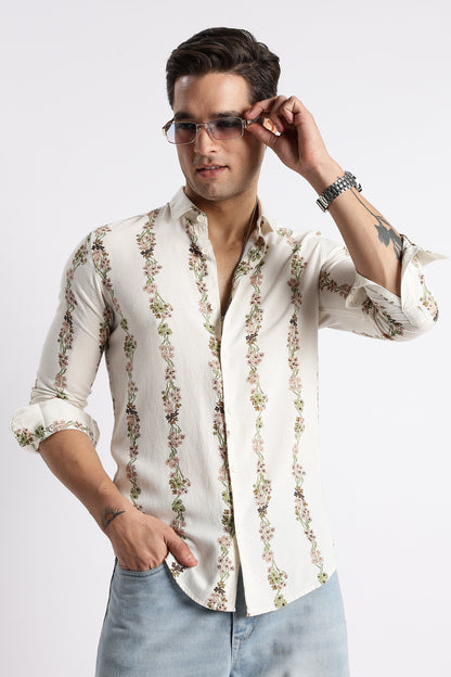 Cream Floral Stripe Printed Shirt