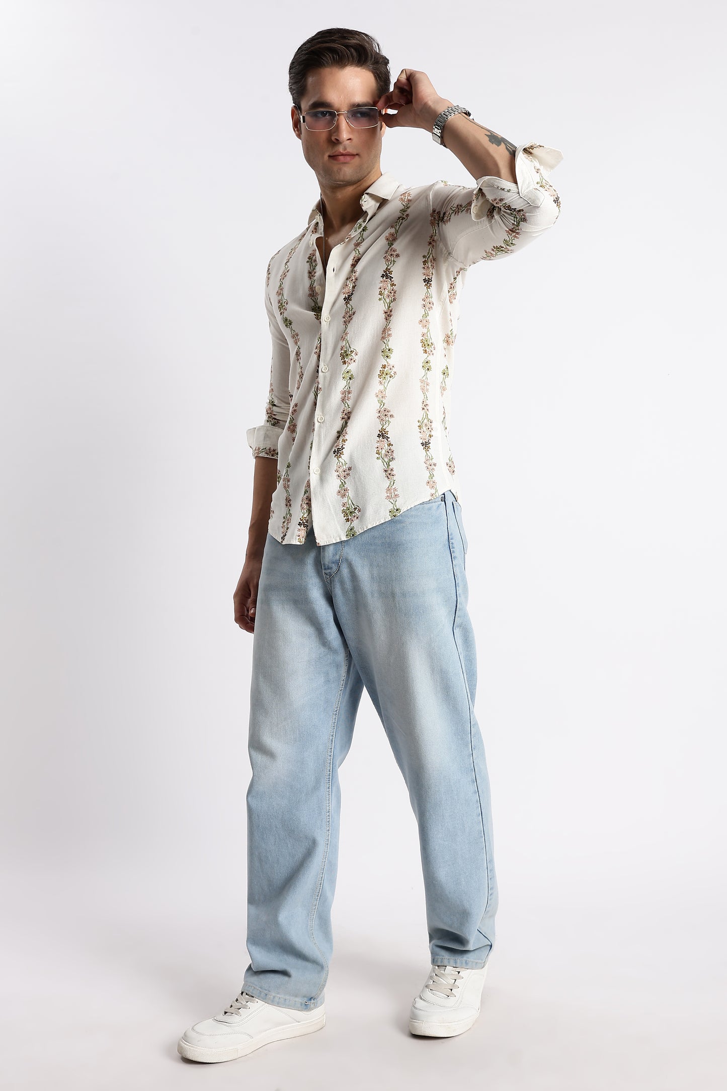 Cream Floral Stripe Printed Shirt