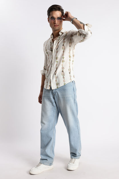 Cream Floral Stripe Printed Shirt