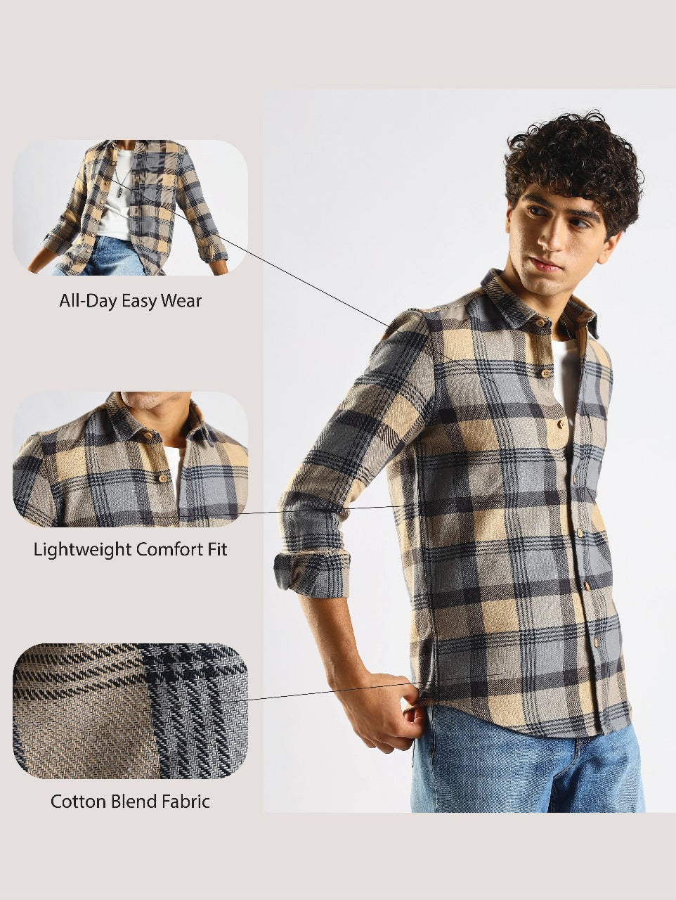 Cotton Blend Checked Shirt Grey