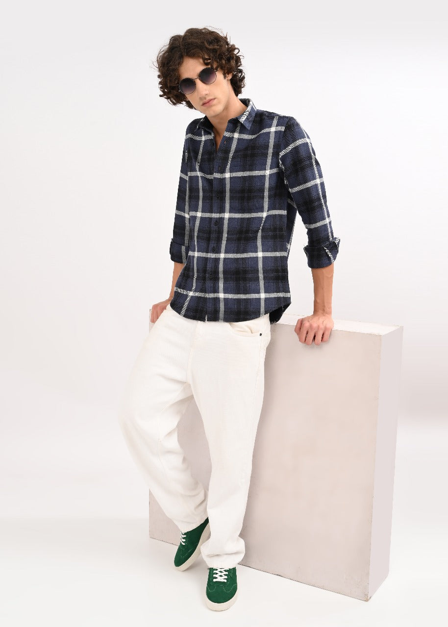 Check Shirt in Poly Cotton Navy