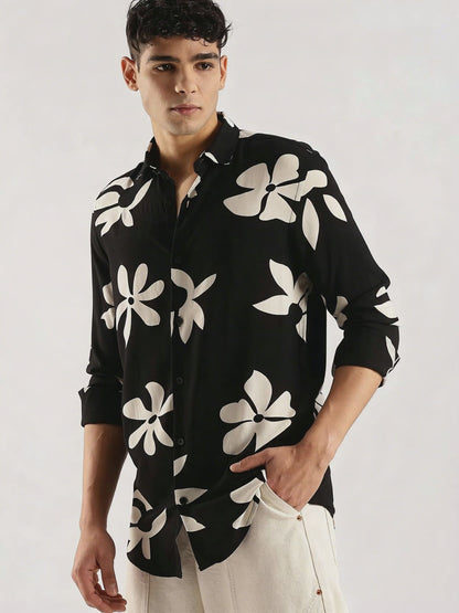 Viscose Slim Fit Shirt Black/Beige