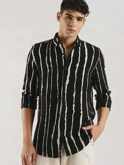 Viscose Slim Fit Striped Shirt Black