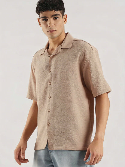 Textured Oversized Shirt Lt Brown
