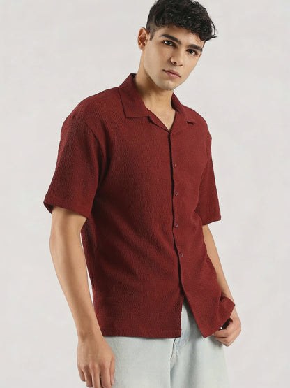 Textured Oversized Shirt Maroon