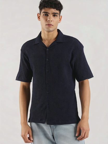 Textured Oversized Shirt Navy